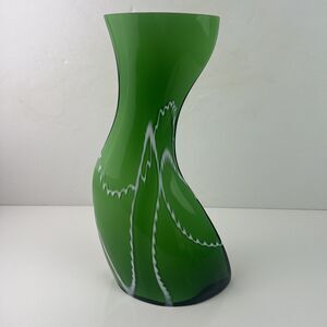 Green Curved Handblown Art Glass Vase Swirl Design 12" BX Glass Unique Abstract